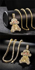 14k Gold Silver Plated Hip Ho Rapper Pendant Chain Necklace for Men-Iced Out Diamond King Pendant with 22 Inch Rope Tennis Chains