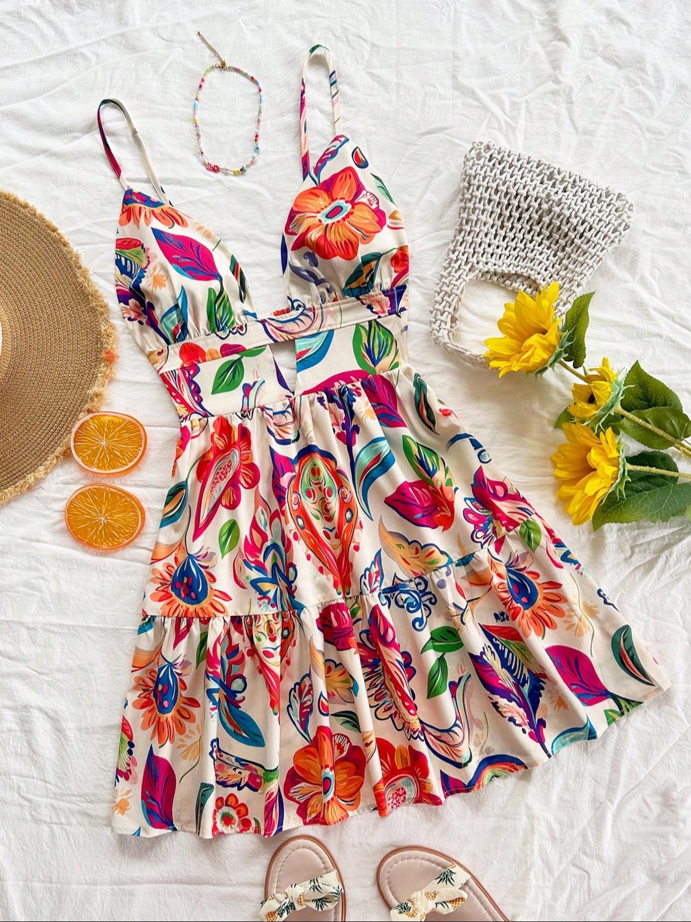 Women's V-Neck Backless Mini Dress, Animal and Floral Print Woven Summer Holiday Style, Perfect for Beach and Spring Fashion, Casual Wear