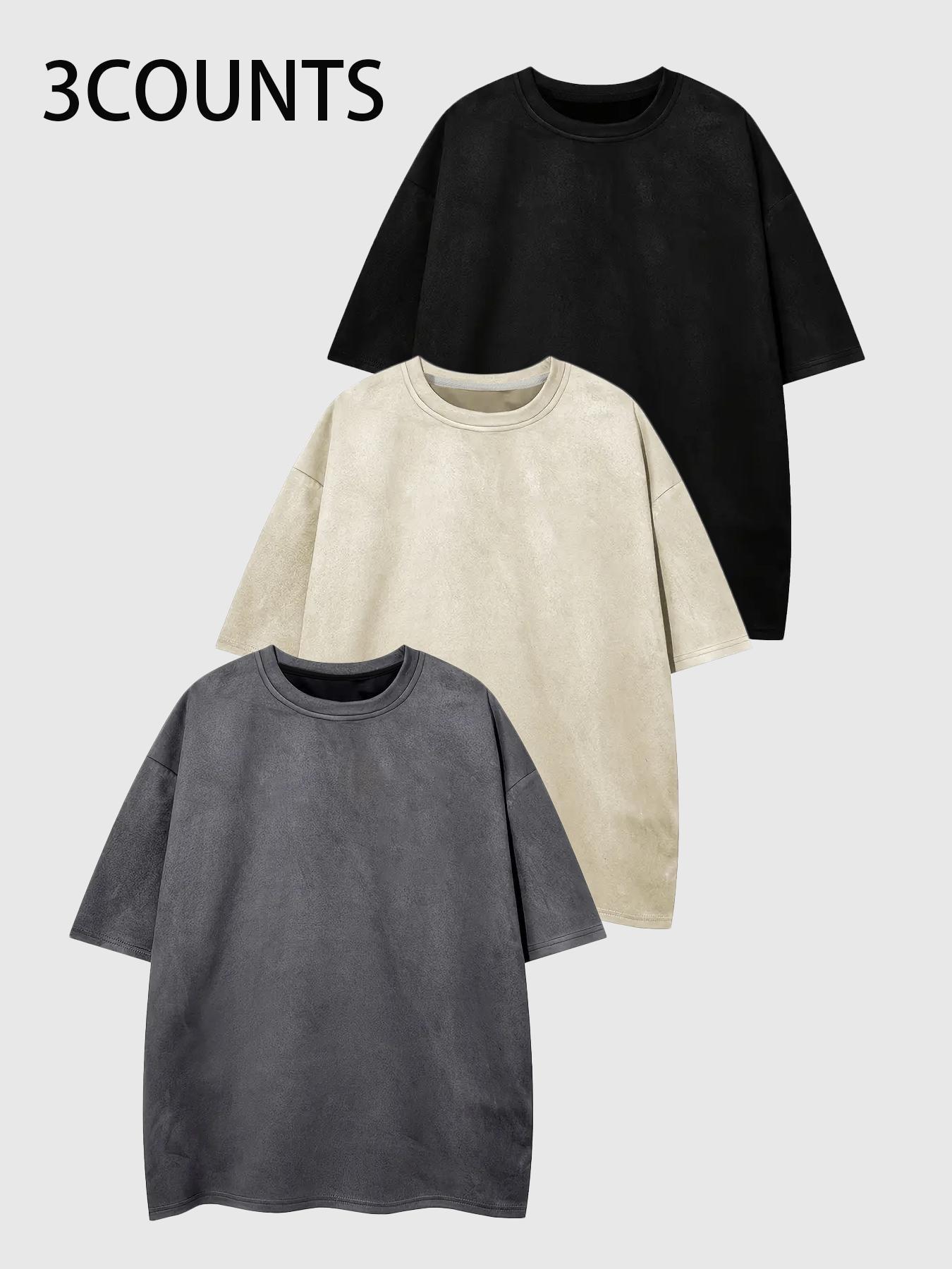 Men's Solid Color Drop Shoulder Suede Tee, Regular Fit Casual Street Style Short Sleeve Round Neck T-shirt for Summer, Men's Top for Daily Wear, Streetwear