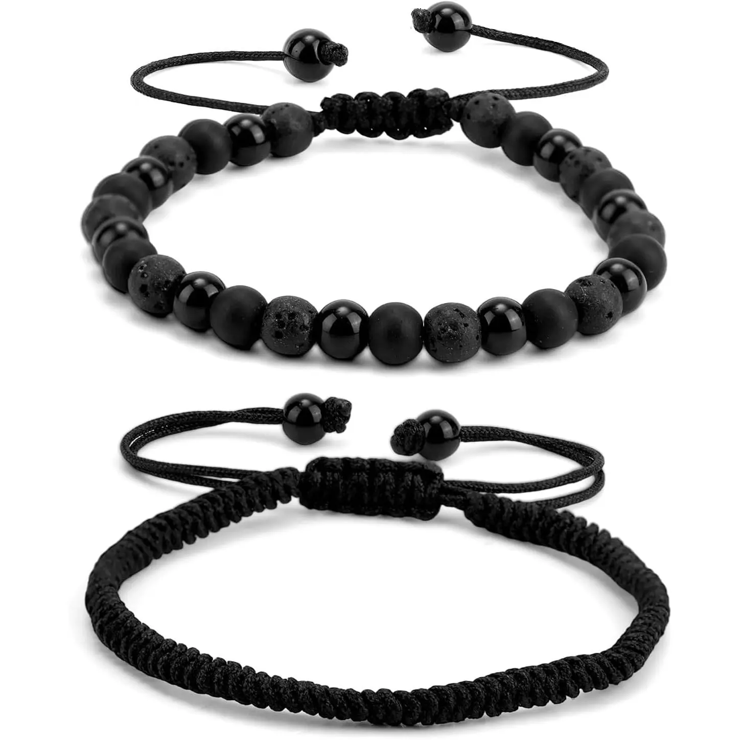 2 count Men Bead Bracelet, Black Onyx Obsidian Volcanic Rock Beaded Style and Braided Stone Rope Style Bracelets for Men