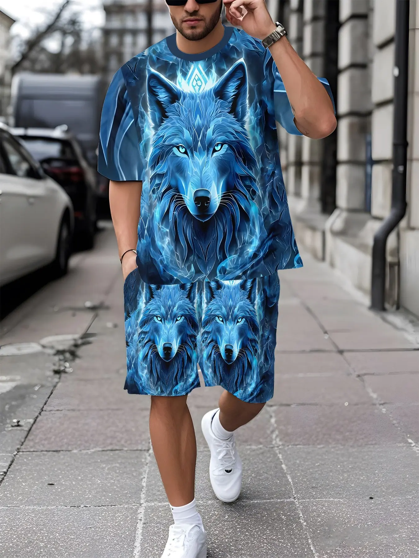 Men's Summer 3D Digital Print Short Sleeve Tee and Shorts Set, Cool Blue Wolf Head Galaxy Pattern, Casual Streetwear, Slim Fit