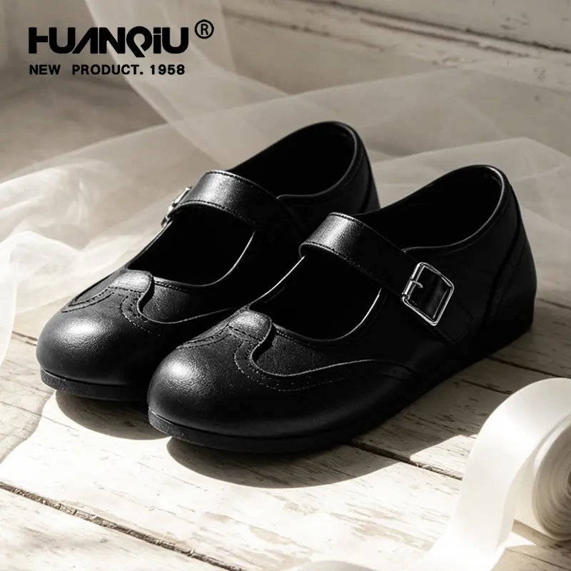 HUANQIU Retro Brogue Mary Jane Shoes Women's Single Buckle Strap Flat Leather Shoes Black Soft Leather Commuting Versatile Preppy Style Shoes