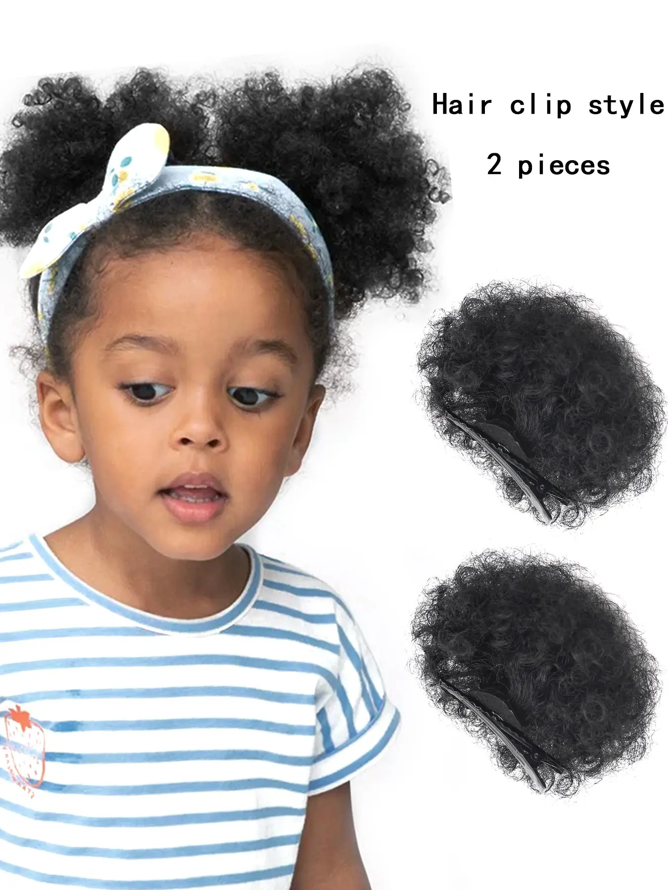 2-Piece Afro Curly Bubble Ponytail Wig Set, Kids' Style, Fluffy Afro Curl Texture Bun with Elastic Headband and Hair Clips, Easy to Use, Natural Black Synthetic Fiber Bun