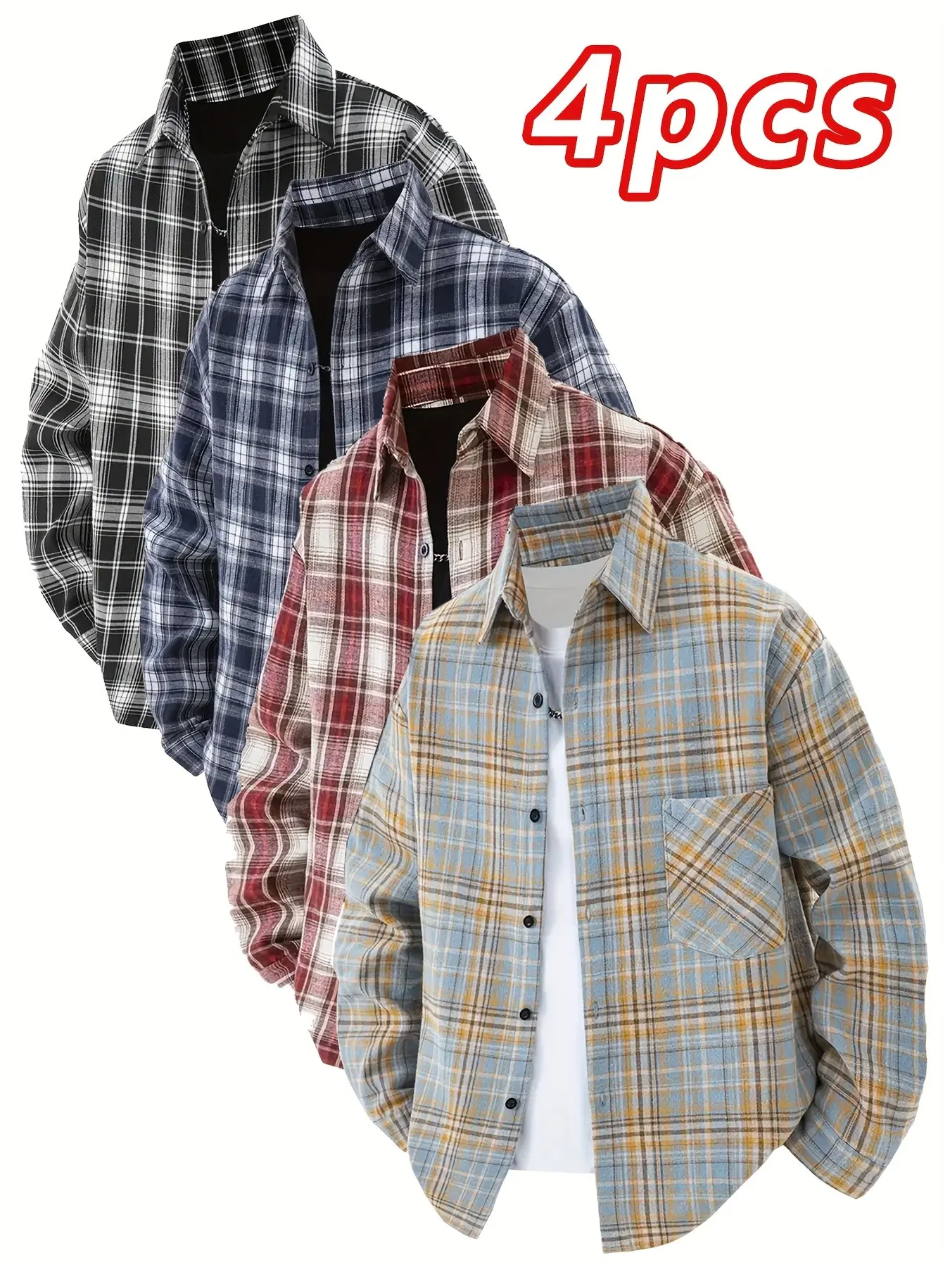 4PCSMen's 4-Pack Plaid Long Sleeve Shirts, Streetwear Casual Overshirt, Classic Collar Pocket Design, Loose Fit, Three-Color Checkered, Casual All Seasons Wear