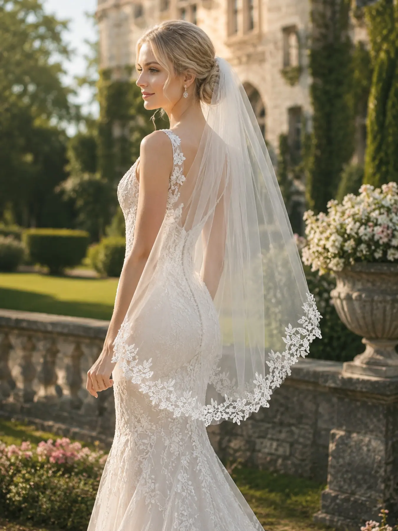 1 Meter Elegant Single Layer Lace Wedding Veil, Asymmetric Floral Lace Trim Soft Tulle Bride Veil, Ivory Color Bridal Accessory
