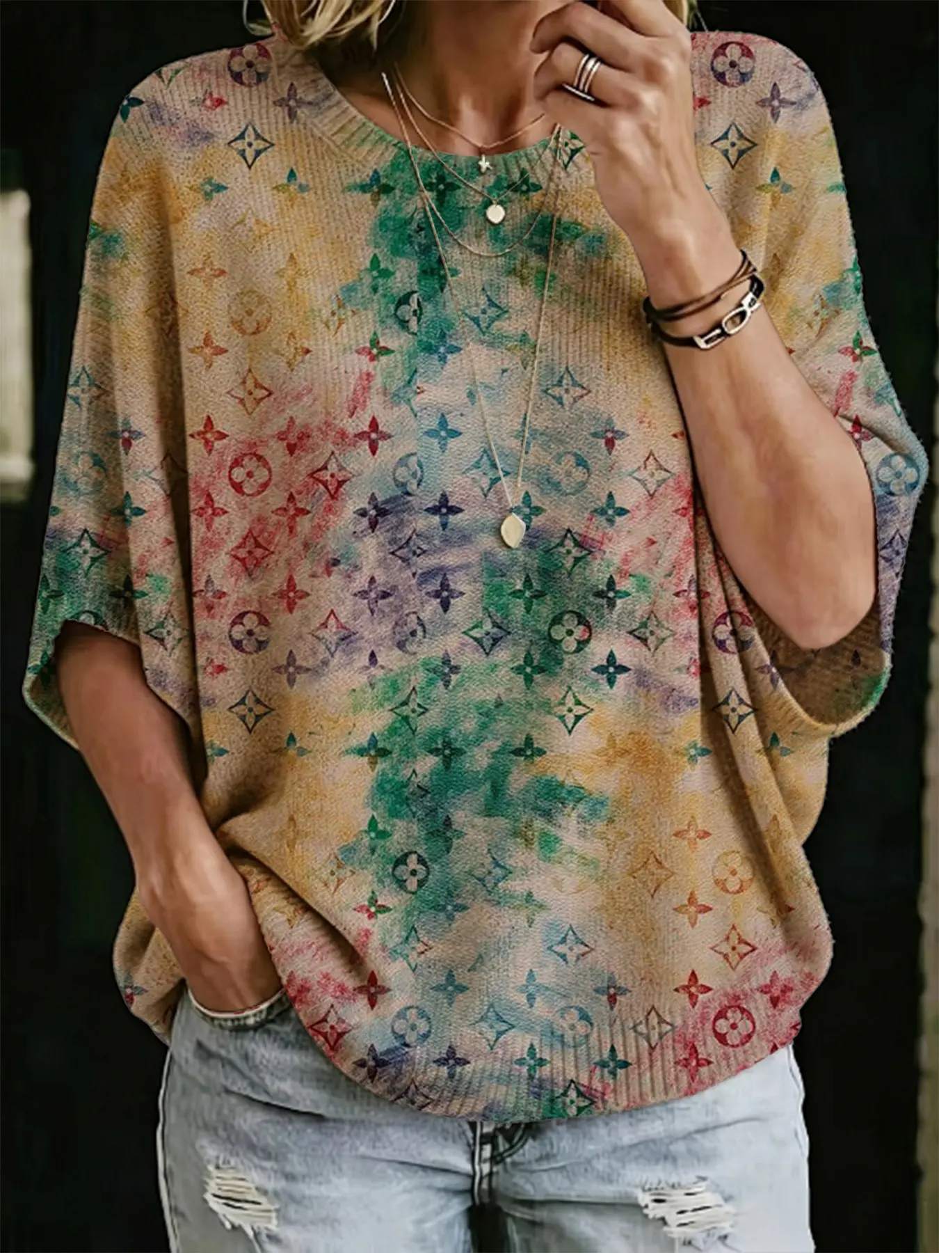 Women Khaki Floral Pattern Knit Top, All-Season Casual Commuter Knitwear, Spring Autumn Winter Daily Outerwear Blouse