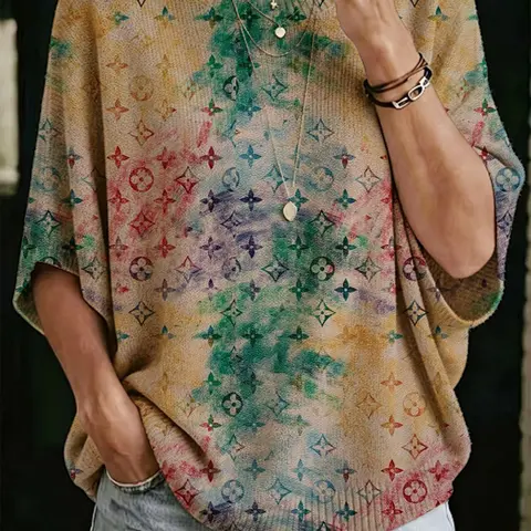 Women Khaki Floral Pattern Knit Top, All-Season Casual Commuter Knitwear, Spring Autumn Winter Daily Outerwear Blouse