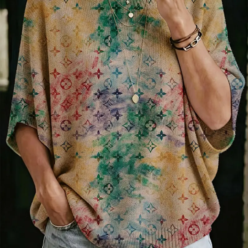 Women Khaki Floral Pattern Knit Top, All-Season Casual Commuter Knitwear, Spring Autumn Winter Daily Outerwear Blouse