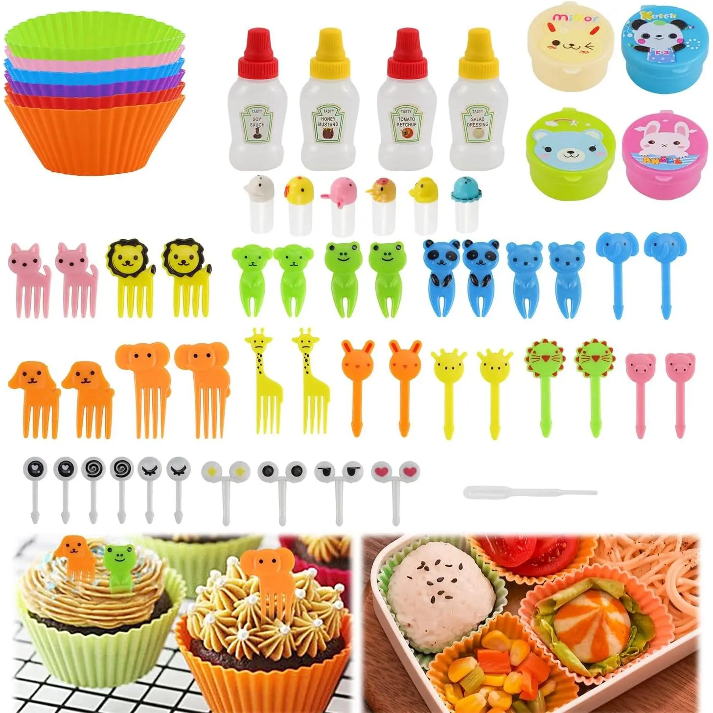 61 count  Lunch Box Dividers Bento Box Accessories  Cupcake Liners, Lunch Box Accessories Including  Picks Mini Condiment Bottles for Lunch Containers Accessories