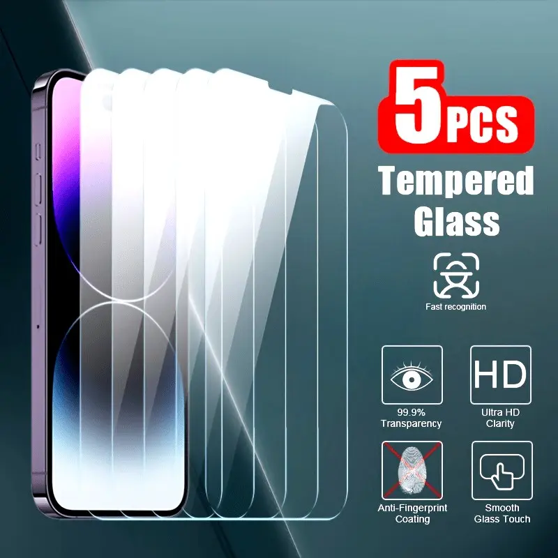5pcs Tempered Glass For Iphone 15 Pro Max/15 Pro/15 Plus/15/13 Cover 13 Pro/13 Mini/13 Pro Max14/14 Plus Phone Screen Protector 14 Pro/14 Pro Max 12/12 Pro/12 Mini/12 Pro Max/11/11 Pro/11 Pro Max/X/XS/XR/XS Max Protective Film