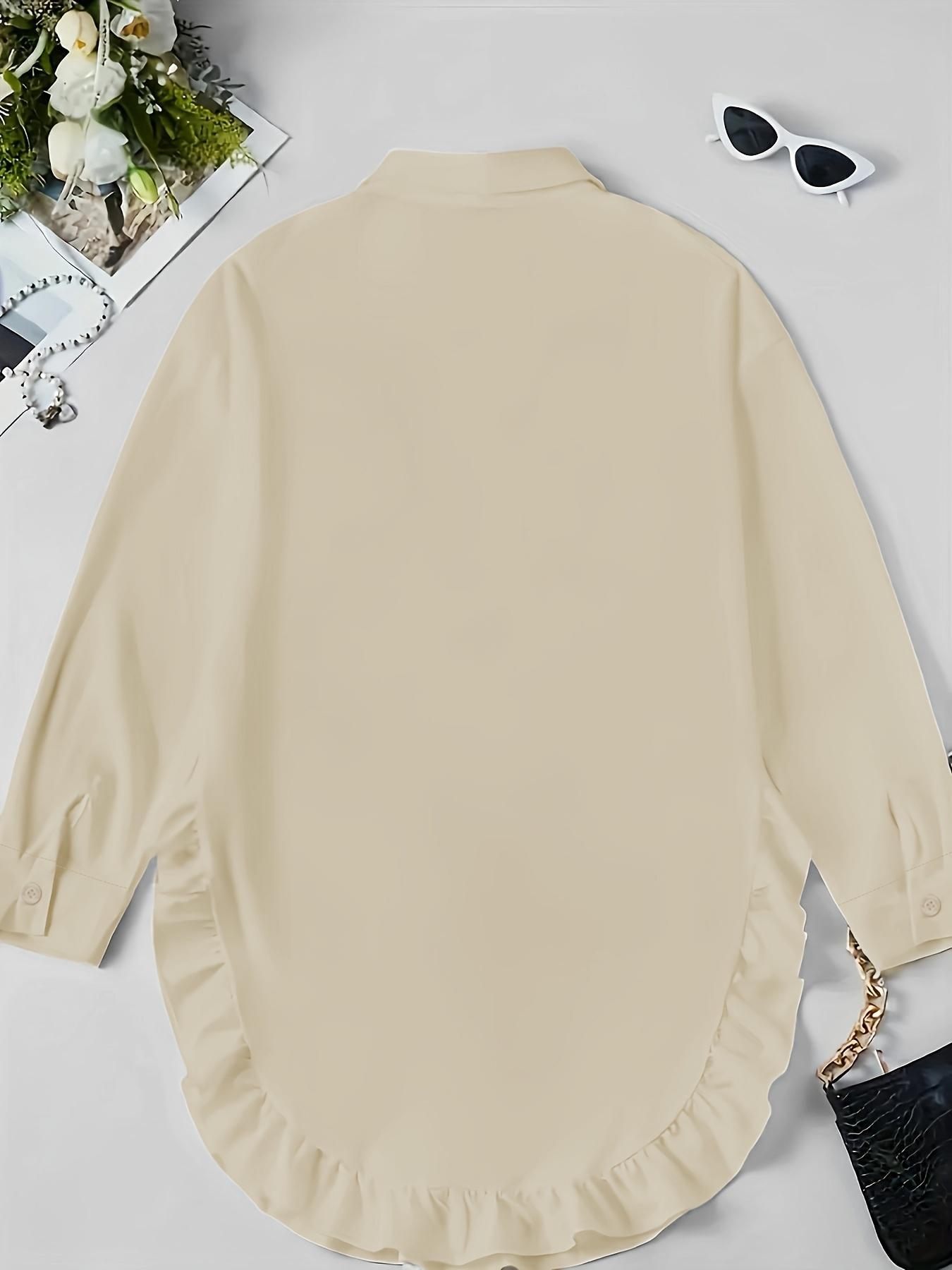 Women's Plain Ruffle Trim Button Front Blouse Shirts, Casual Long Sleeve Collared Top for Daily Wear, Ladies Clothes for All Seasons