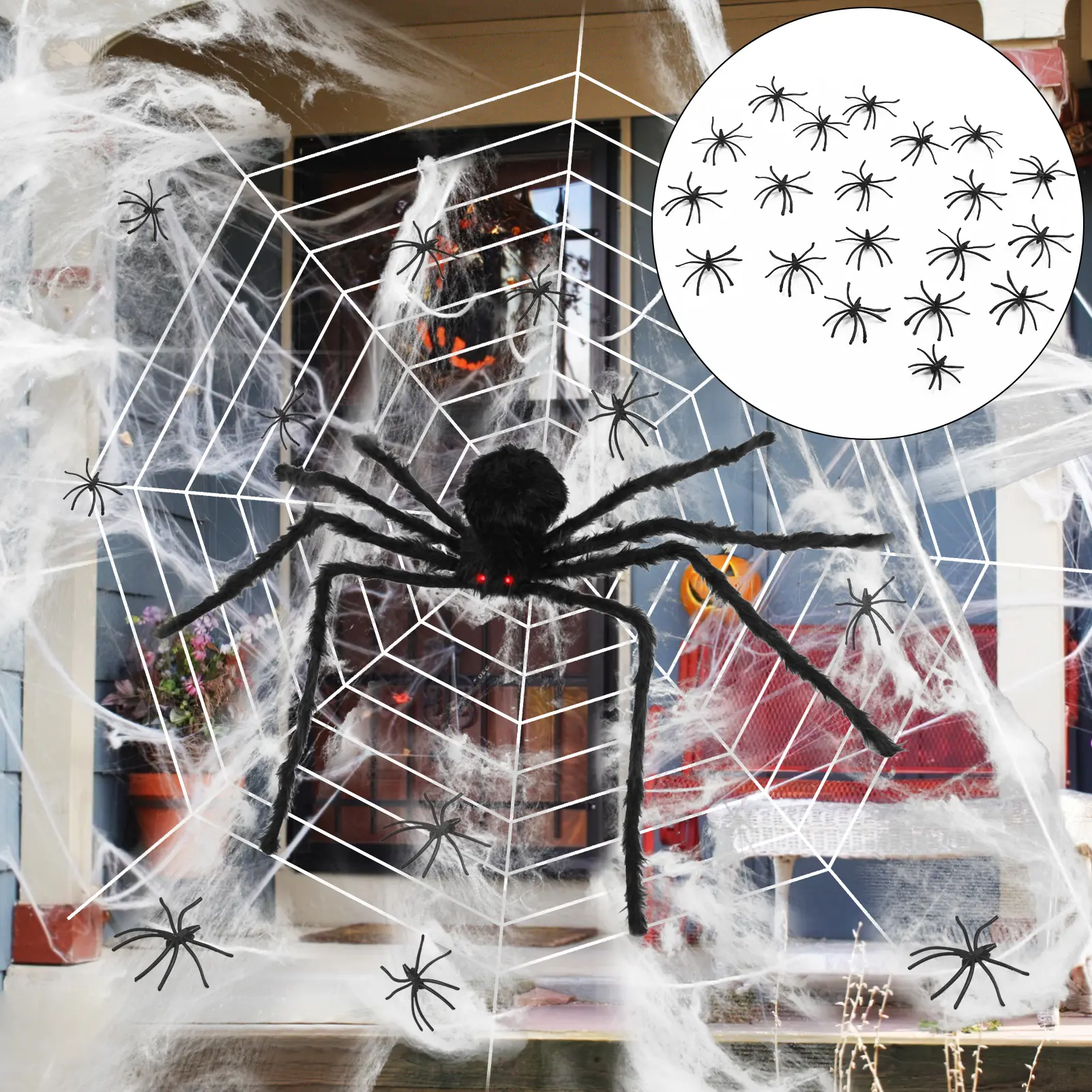 50 in Giant Voice Control Hairy Spider with 12 ft Web, 20 pc Halloween Set, Realistic Scary Sound & Vibration Decor for Indoor Outdoor