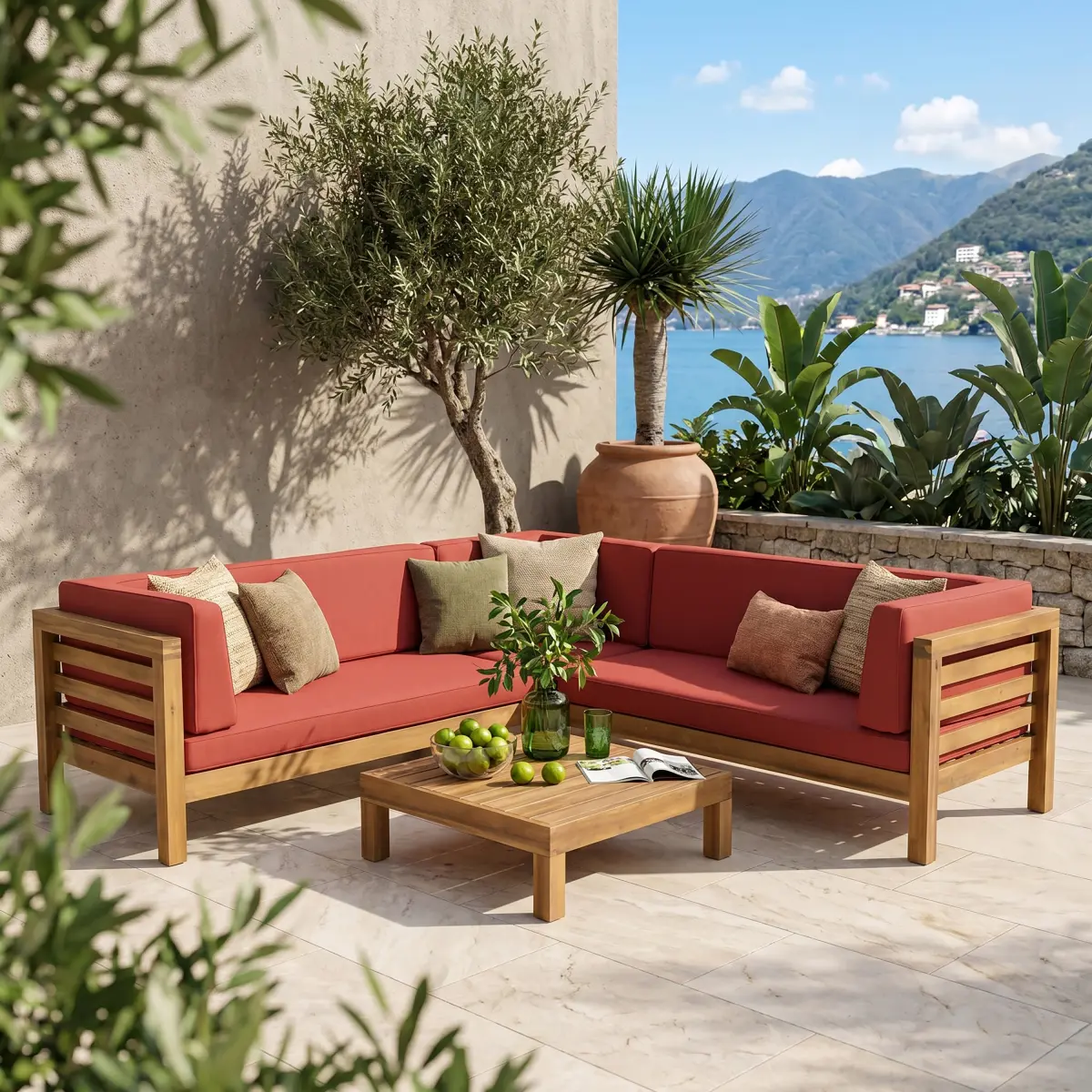 AobtkelOANA OUTDOOR WOODEN SECTIONAL SET WITH CUSHIONS, RED