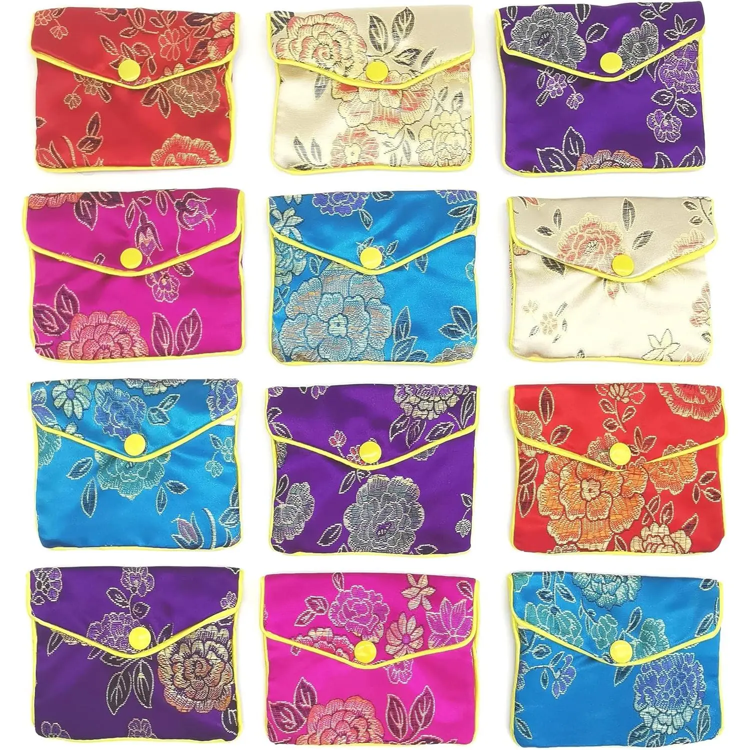 12 count  Silk Purse Pouch Chinese Brocade Embroidered Bags, Multiple Colors,  Container Pocket (Medium)