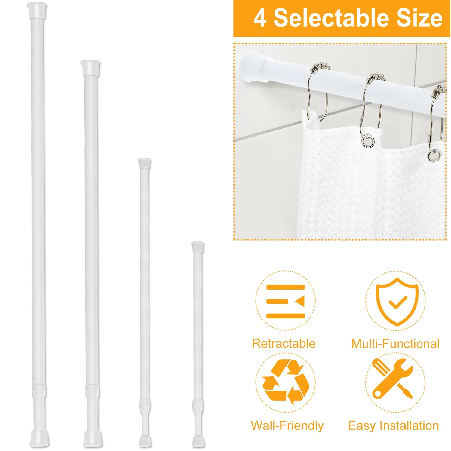 Slim Sleek Carbon Steel Tension Curtain Rod, Adjustable Spring-Loaded Pole for Walls, No-Drill Heavy-Duty Rod for Bathroom/Kitchen
