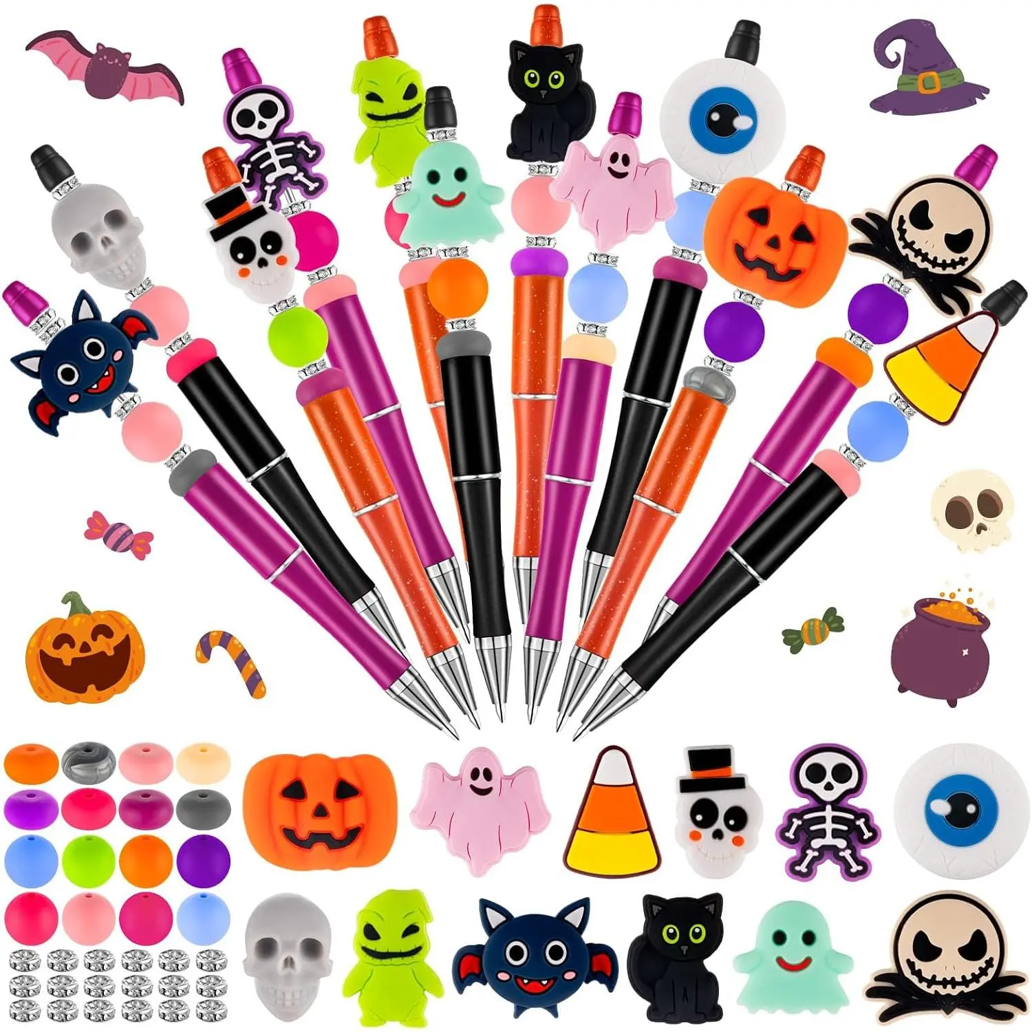 Halloween Beadable Pens, Plastic Bead Pens with 12 count  Beads, Pumpkin Bat Skull Pen for Halloween Gifts School Office Supplies