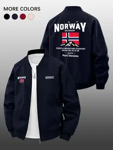 Men's Casual Long Sleeve Jacket, Norway Letter Flag Design, Zip Pocket, Loose Fit, Spring Summer Outerwear, Plain Surface