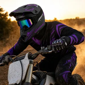 CVXVC Motocross Helmet, Full Face Design & Purple Graphic Pattern, 4-Piece Set With Goggles Gloves & Mask, For Adult Off-Road Riding Trail & Dirt Bike Racing, Shockproof Lightweight Ventilated Safe Secure Fit