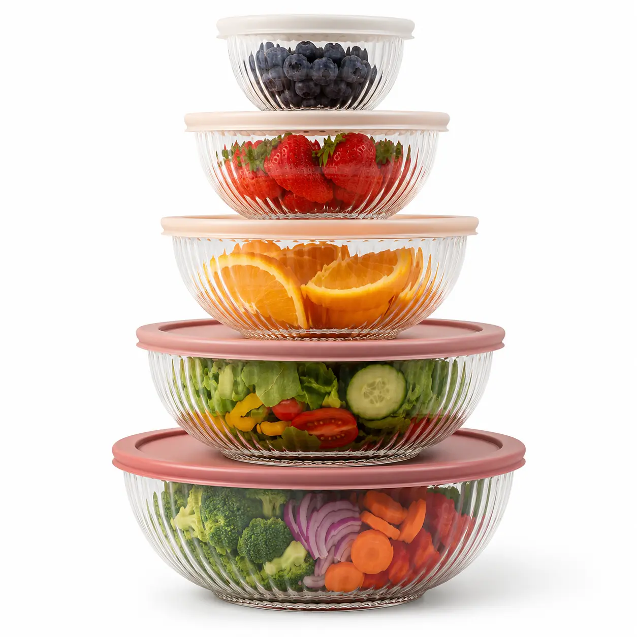 5 Pack Transparent Enamel Glass Nesting Mixing Bowl Set with Airtight Leakproof BPA-Free Lids - Kitchen Preserving Containers for Meal Prep, Baking Prep - Bamboo Dispenser, Salt Shaker, Fruit Storage