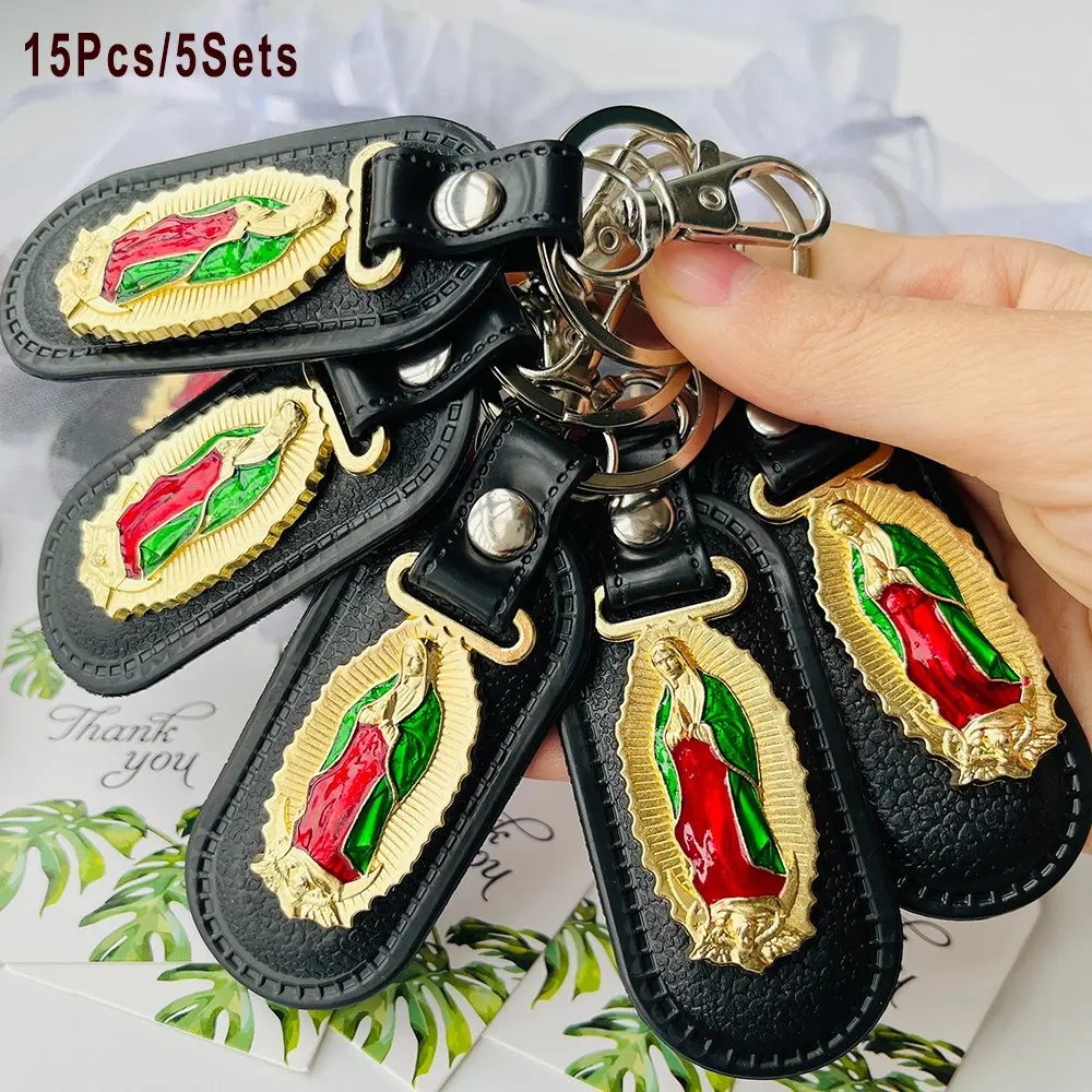 15Pcs/5Sets Stylish Painted Virgin Mary Amulet Faux Leather Keychains Party Gift Set. For Bulk Religious Gifts, Christmas Gifts, Easter Gifts, Catholic Souvenirs, Party Gifts, Baptisms, Weddings, Confirmations, And First Communion