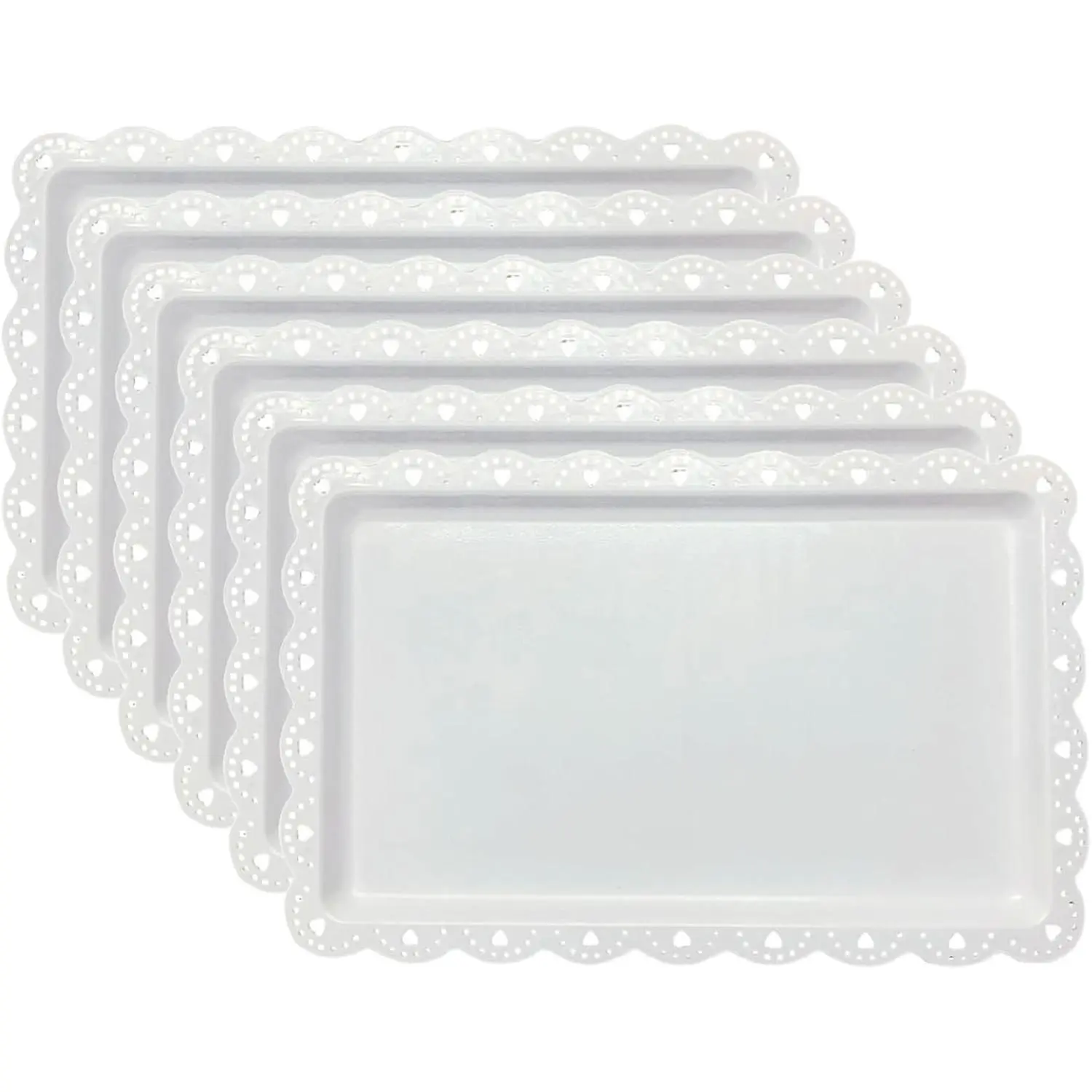 Set of 6 Plastic Serving Trays Food Tray - 14" x 9" Rectangle Serving Platter for Party Cafeteria Kitchen Restaurant , Small Flat Trays for Dessert Fruit Cookie Snack (6, White)