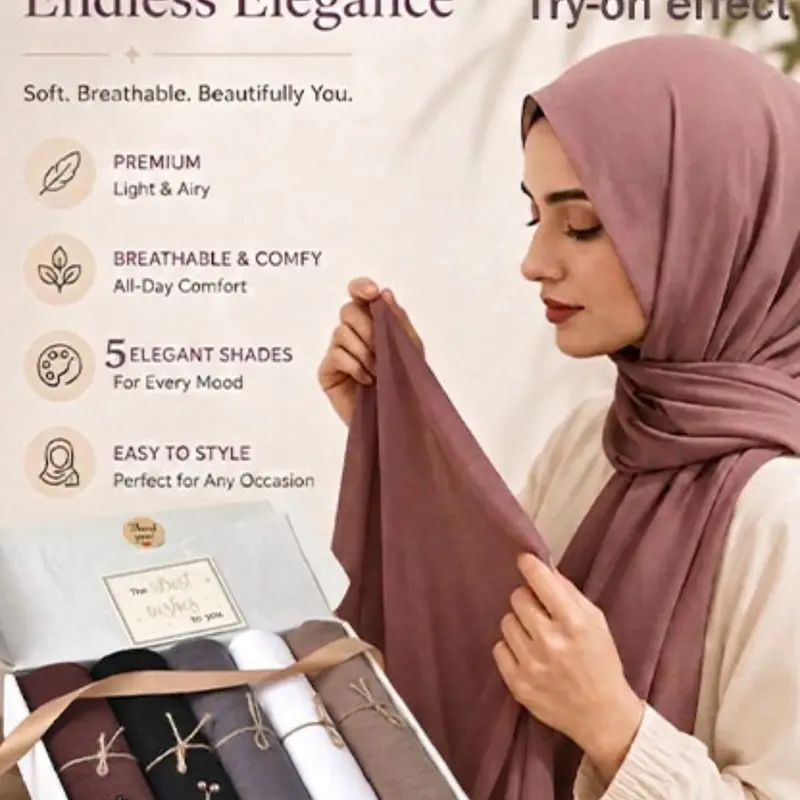 5pcs Women's Plain Muslim Headscarf Gift Set, Soft Long Hijab Scarf, Elegant Wrap Design, All Seasons, Perfect for Daily Wear and Gifts
