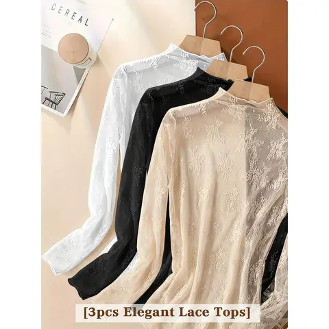 Women's 3pcs Chic Spandex Lace Knit Blouses - Fabric, Semi-Sheer, High-Stretch, Cloudlike Mist Aesthetic, Cutout Design, Perfect for Date Night, Commuting