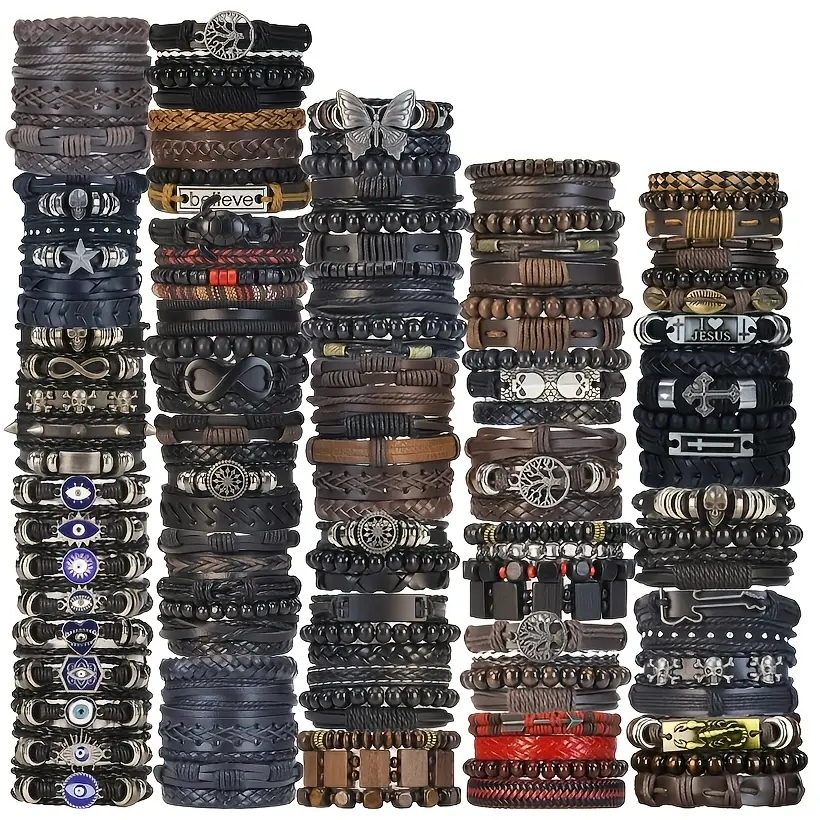 12/18/26Pcs Faux Leather Bracelet Set - Trendy Punk Hip-Hop Style Bracelets Bangles Vintage Handmade Jewelry - Perfect for Outdoor Matching And Gifting for Teenager
