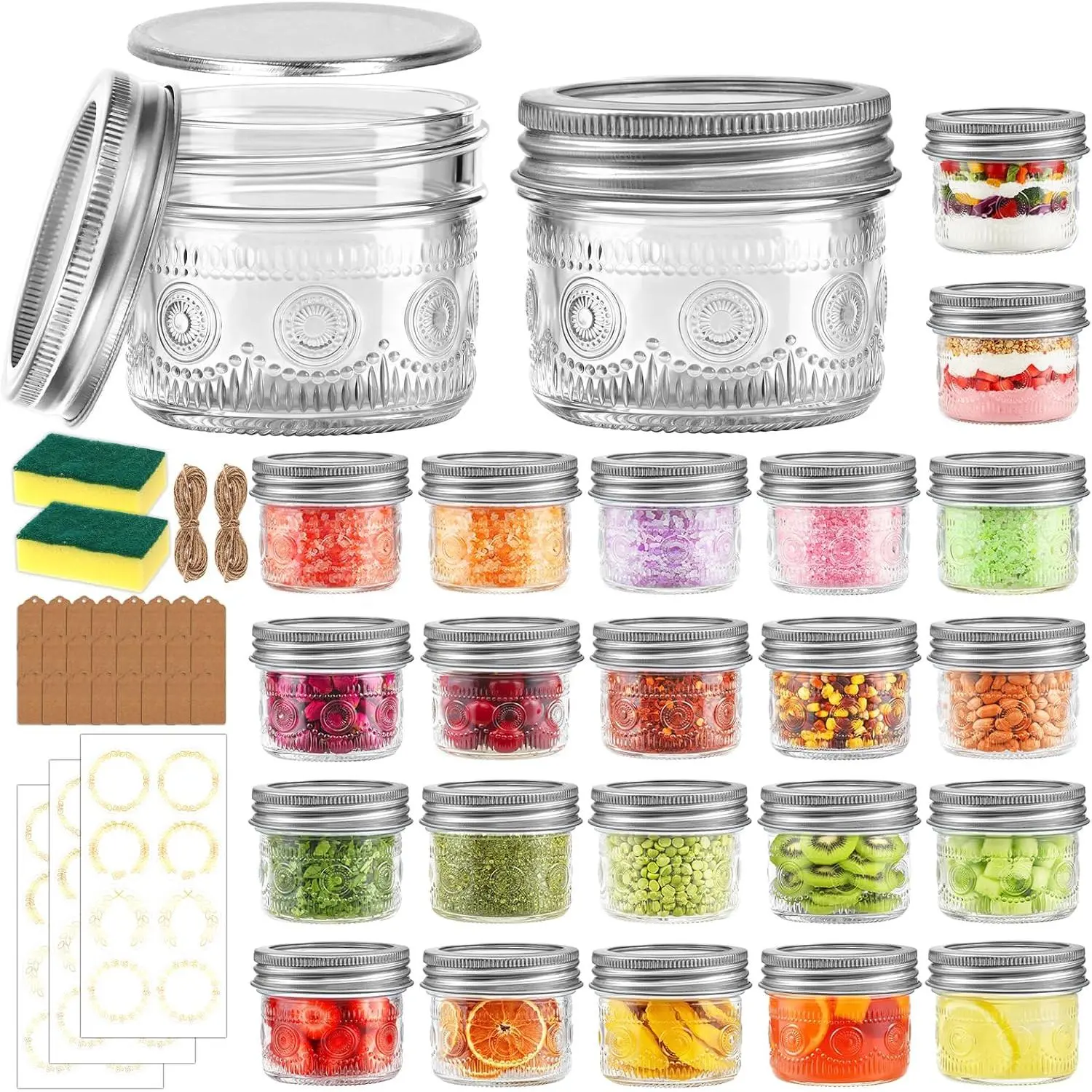 4 oz Glass Mason Jars with Embossed Pattern 24 Pack, Small Canning Jars with Airtight Lids, Mini Glass jars for Jams, Jelly, Honey, Spices,Desserts,Wedding Favors and Gift Packaging