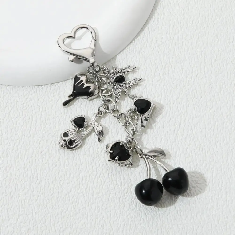 Gothic Bag Charm Keychain, Silver-Tone Metal Accessory with Deer Skull, Black Cherries & Hearts - Alternative Punk Style for Purses, Grunge, Dripping Heart, Accessory For Purses, Clip, Keychain Attachment Charms & Twillies