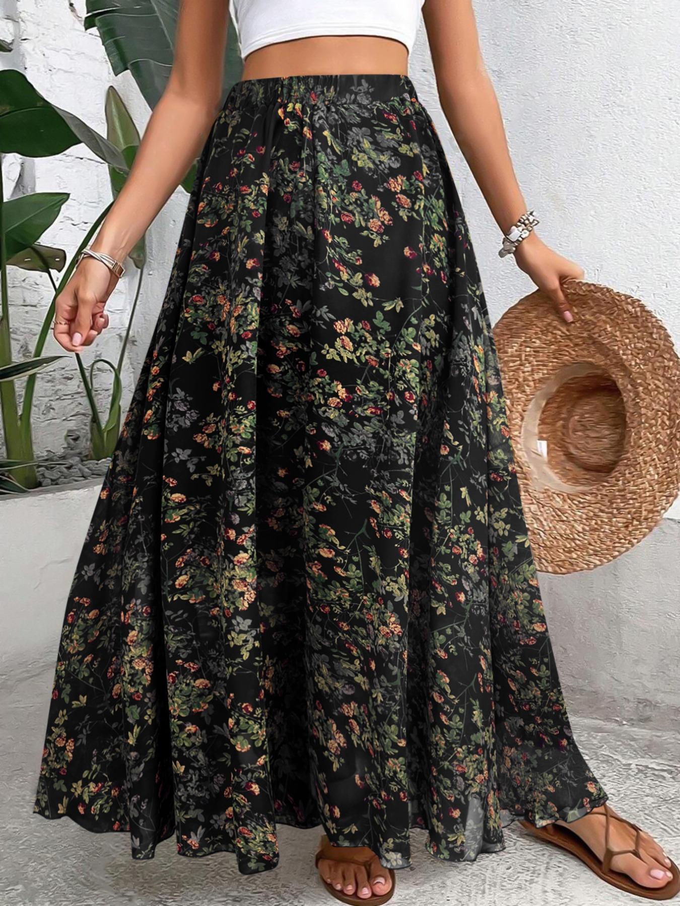 Women's Floral Print Skirt, Elegant Boho Bohemian Style Long Skirt for Beach Holiday Vacation, Ladies Bottoms for All Seasons, Womenswear