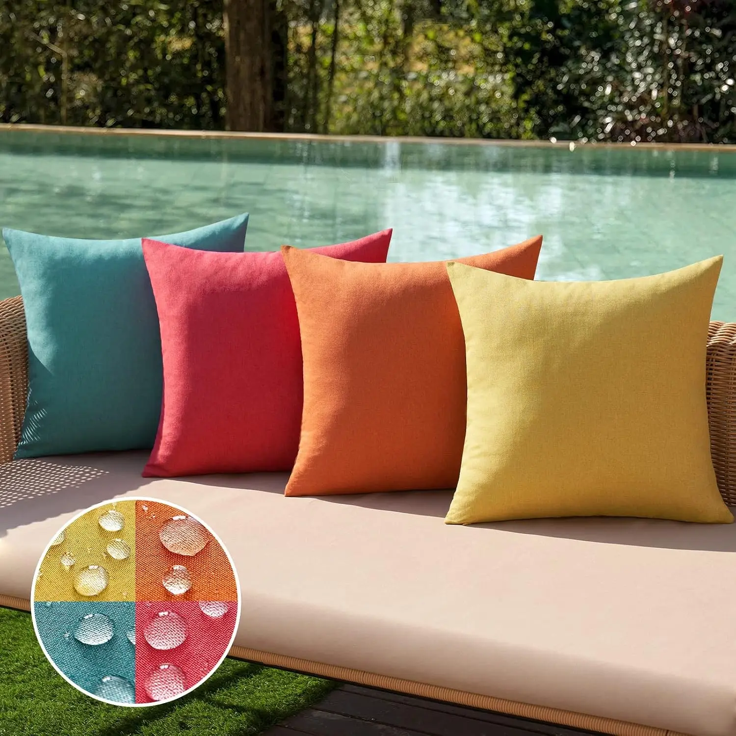 4-Pack Linen Waterproof Decorative Outdoor Throw Pillow Covers, Square Solid Colors Cushion Cases for Patio, Couch 18x18 in Red/Turquoise, Cushions