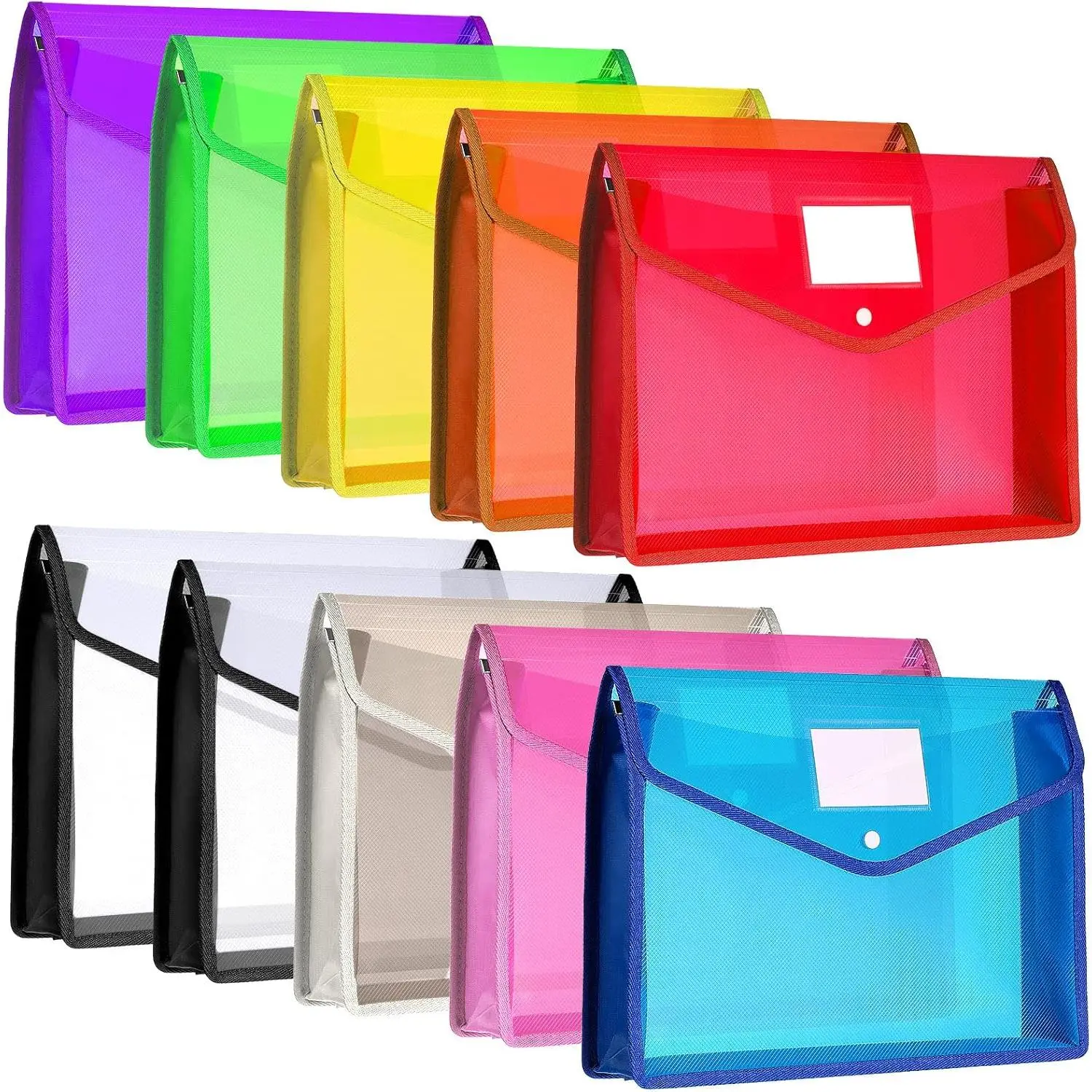 10 Pack A4 Size Plastic Expanding File Folders, Waterproof Transparent Document Envelope Pouch with Snap Closure & Pocket, Multicolor Horizontal File Wallet Organizer