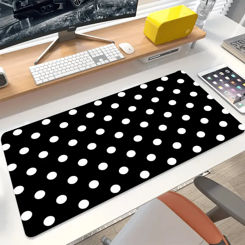1-piece black and white polka dot pattern polyester desk mat - washable keyboard and mouse pad, suitable for office, gaming, home workspace accessories, office supplies |   Modern Office Decoration |   Easy-to-clean surface, mouse pad