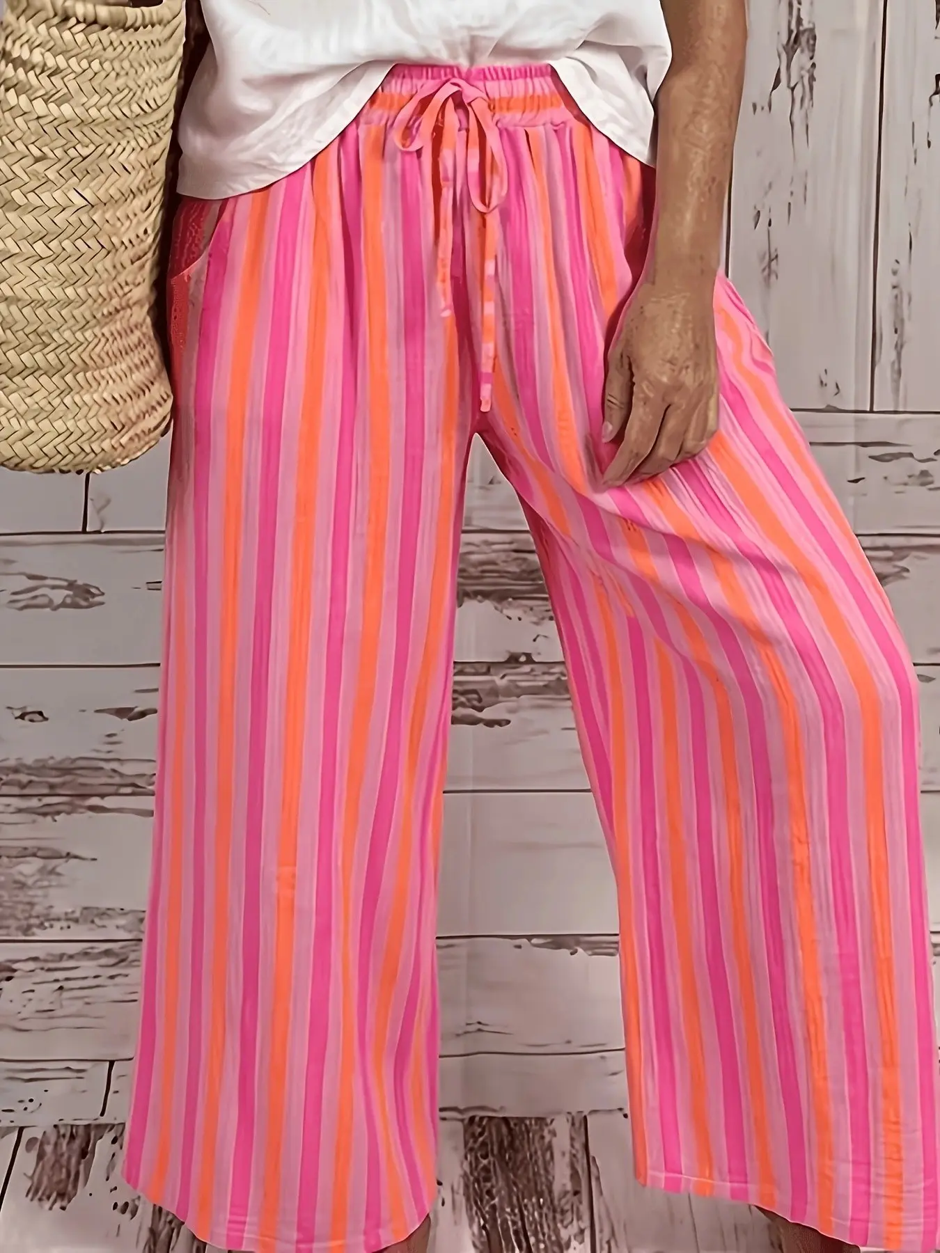 Plus Size Striped Wide-Leg Pants Casual Drawstring High-Waisted Loose Trousers, Trendy Vibrant Bottoms, Relaxed Fit Casual Ensembles, Stylish Bold Stripe Detail Party Casual Wear