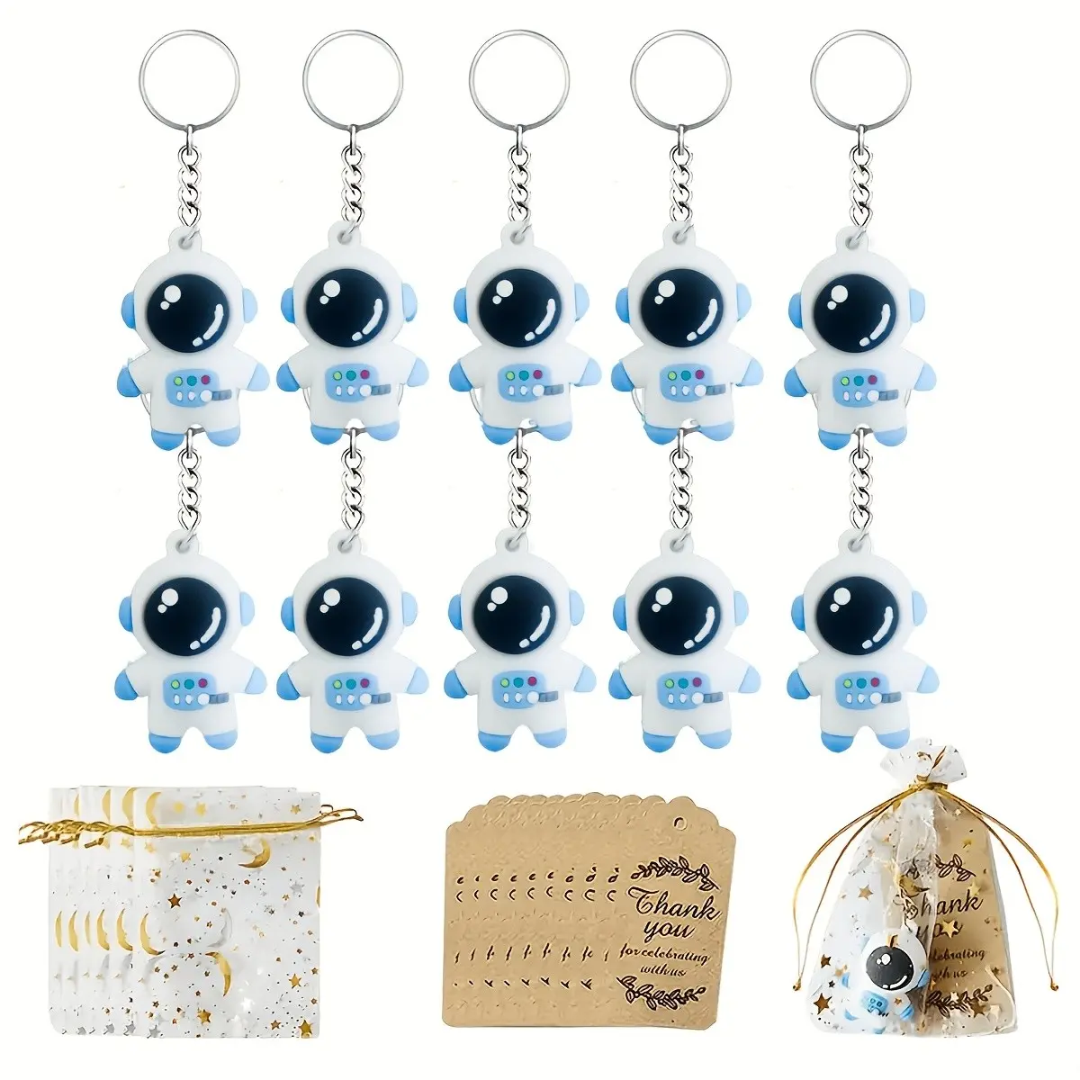 30pcs Party Keychain Gift Set, Cool Keychains, Astronaut Space Keychains, Star Moon Charms, Thank You Card, Kraft Label, Birthday Wedding Gifts