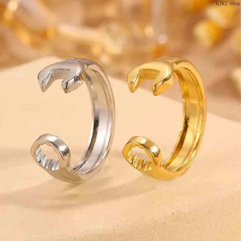 Unisex Gold Tone Mechanic Look Wrench Band Ring, Adjustable Open Cuff Costume Jewelry for Men, Casual Wear, Metal Tone