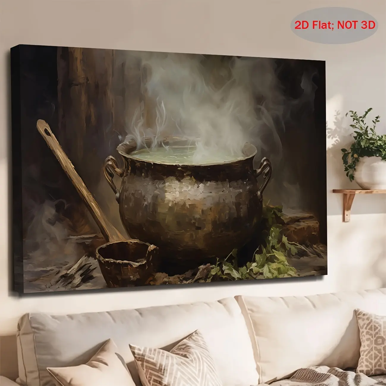 2D flat, 1 piece, 2D flat framed canvas painting, Halloween cauldron frame TV art, horror soup painting suitable for TV frames, witch TV artwork, perfect TV frame autumn Halloween decoration, holiday gift, beautiful home gift, suitable for bedroom, living