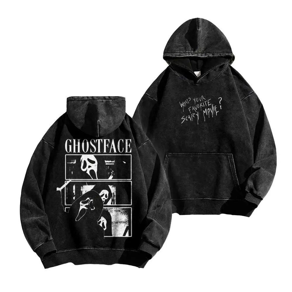 Scream Ghostface Retro Movie Retro Screenshot Graphic Vintage Washed Oversized Acid wash Hooded Sweatshirt