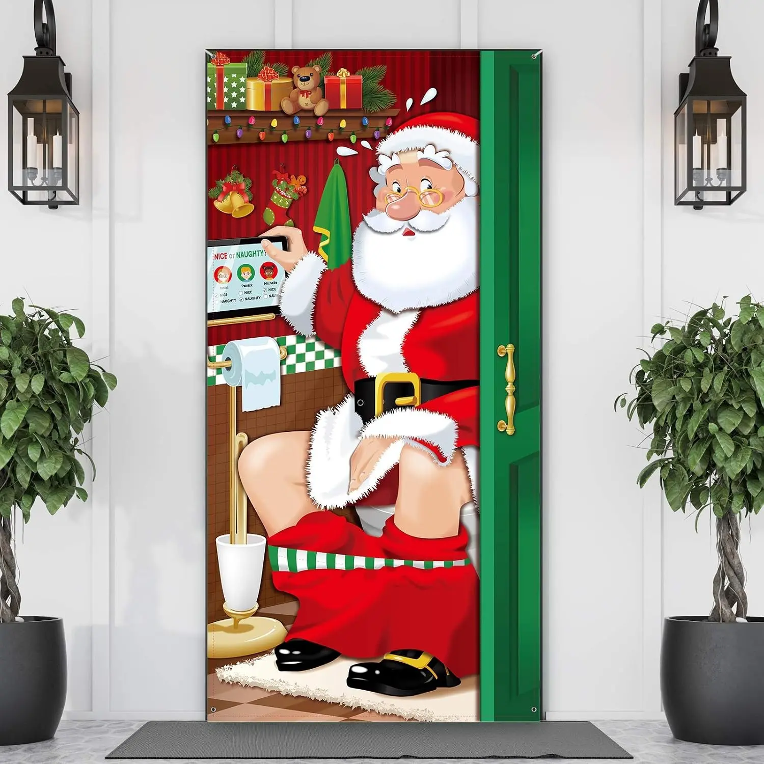 2D Flat Banner Door Cover, Christmas Door Decor, Fun Santa Front Door Banner, Winter Holiday Party Supplies, Indoor and Outdoor Home Decoration