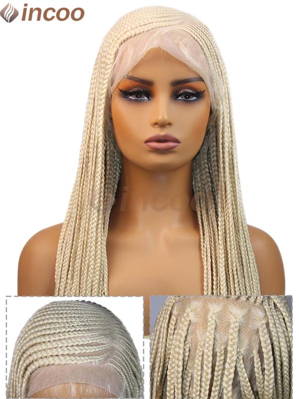 36“ Honey Blonde 613 Colored Full Lace Front Wig Cornrow Double Braided Wigs For Black Women Synthetic Side Part Box Braided Wigs Jumbo Long Faux Locs Braids Wigs Full Lace Frontal Braids Wig Side Part Knotless Cornrow Braided Lace Front Wig Twist Braided