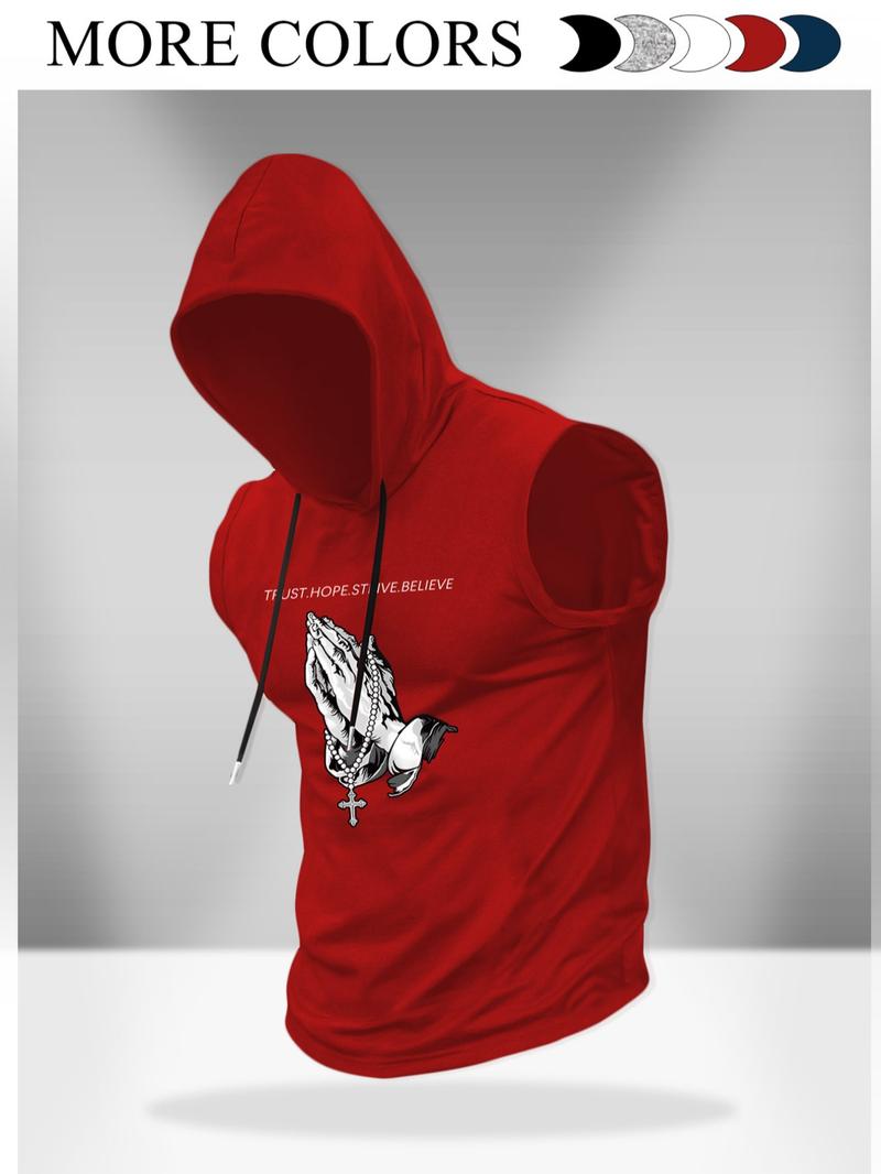 Men's Regular Fit Cross Print Hooded Tank Top, Casual Sleeveless Graphic Hoodies Vest for Summer, Men's Top for Daily Wear, Sweatshirts