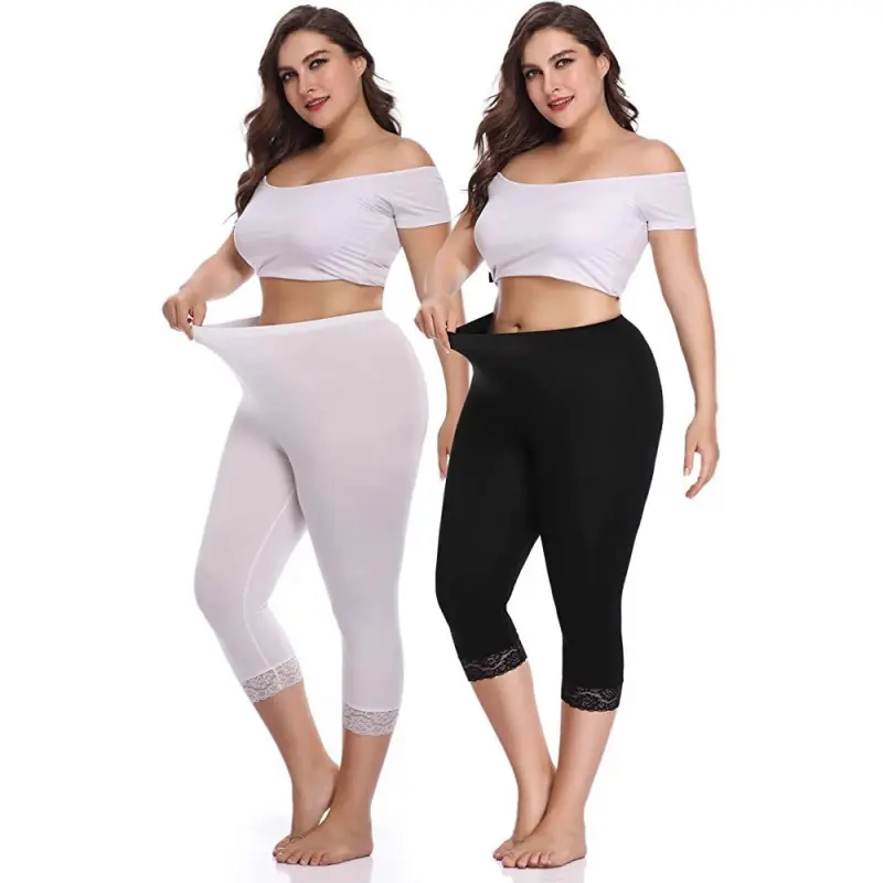2026 Summer Plus Size Women Modal Capri Leggings, Stretchy Slim Fit Lace Trim Cropped Pants, Soft Elastic Skinny Base Layer Trousers for Daily Casual Wear