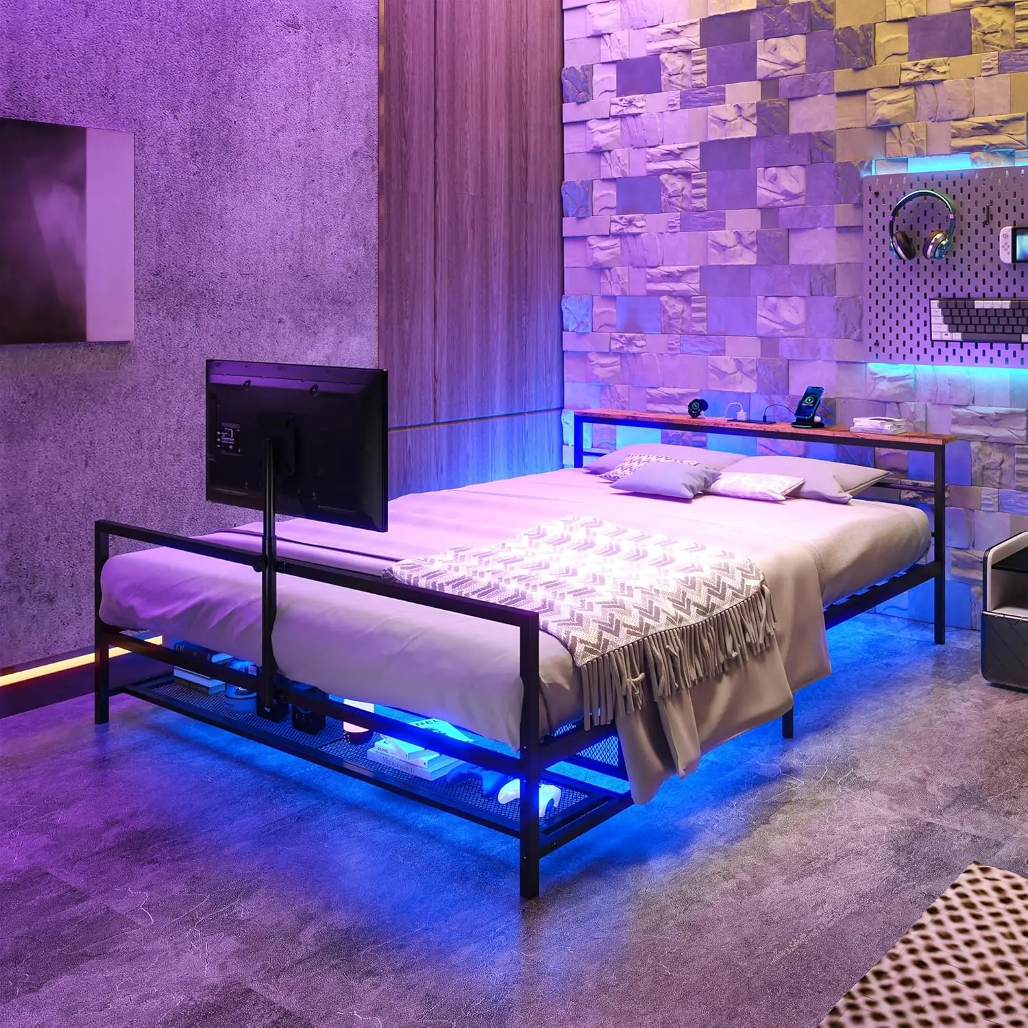 Full Size Gaming Bed Frame, Rotating TV Mount, LED Lights, Charging Station, Metal Platform Bed Frame with Headboard for Boys Girls Teens (Rustic Brown, Full)