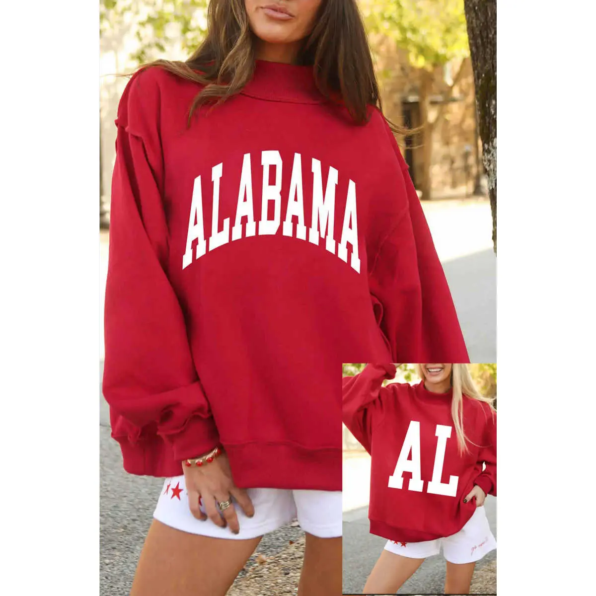 Racing Red ALABAMA/ AL Double Side Printed High Neck Reversible Baggy Sweatshirt