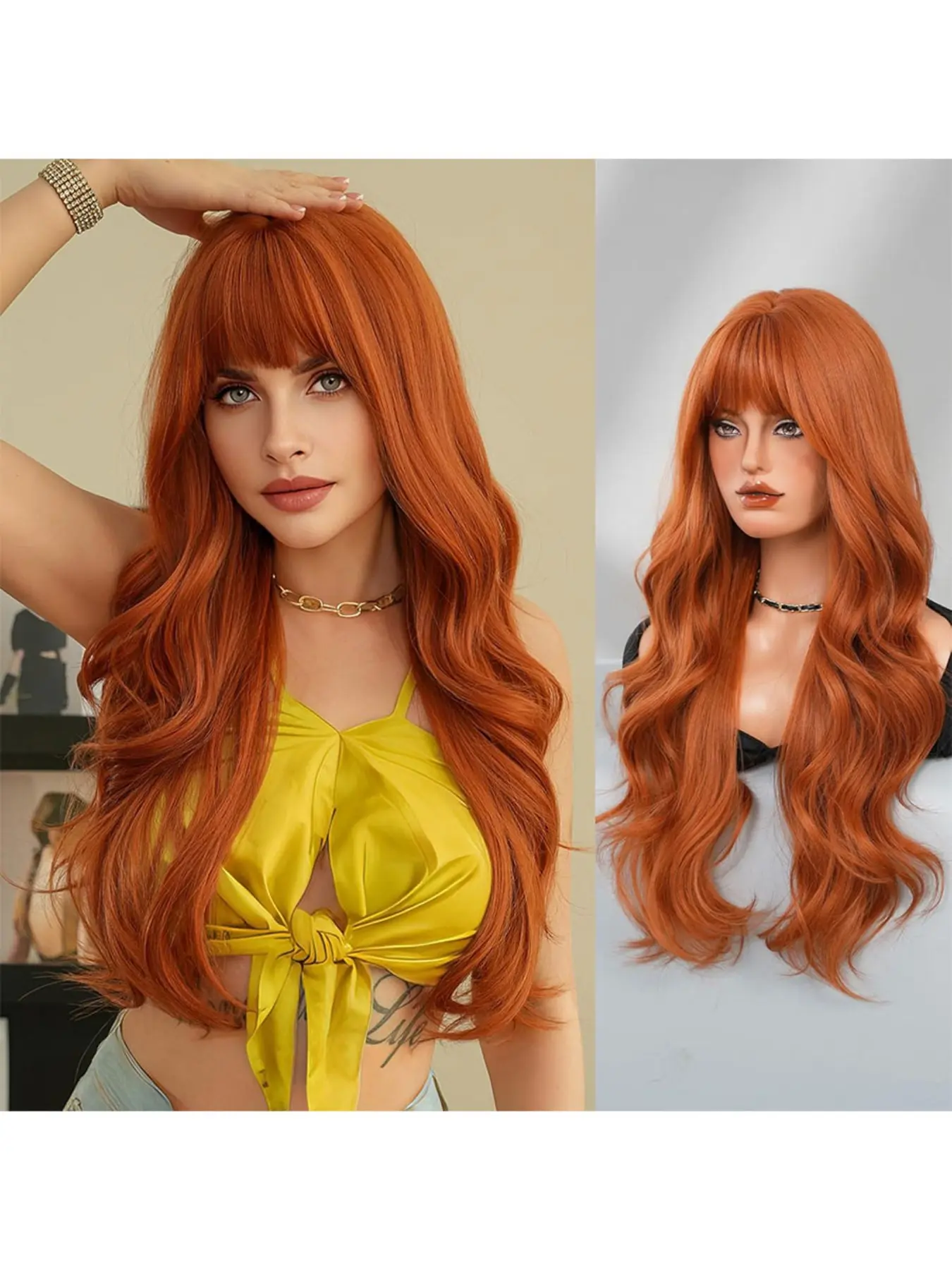 Ginger Orange Wigs with Bangs Long Curly Wavy Womens Wig Heat Resistant Synthetic Bangs Wig for Daily Party or Daphne Cosplay (Orange, 26 Inches)