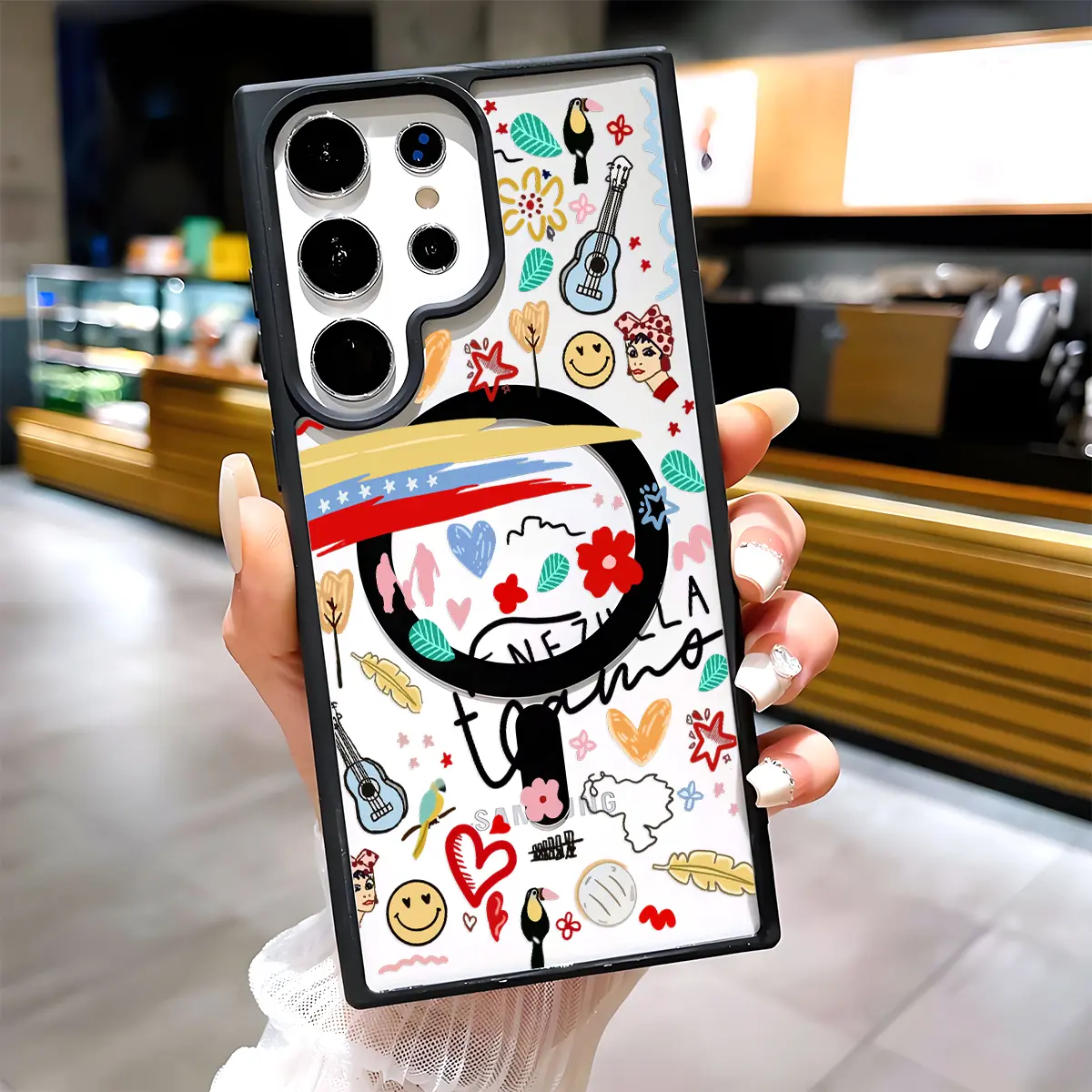 Venezuelan Culture Doodle Clear Magnetic Phone Case, Compatible with MagSafe Silicone Bumper Protective Cover For Samsung S26 S25 S24 S23 S22 Ultra Plus FE, Vibrant Artistic Pattern Style