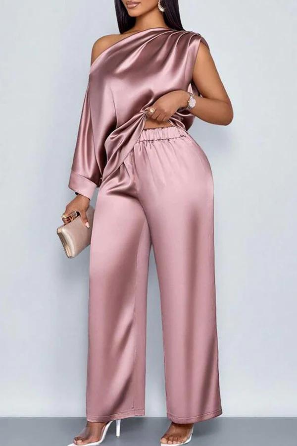 Summer Casual Women's Satin Suit with Asymmetrical Collar, Short-Sleeved Top and Long Pants Set