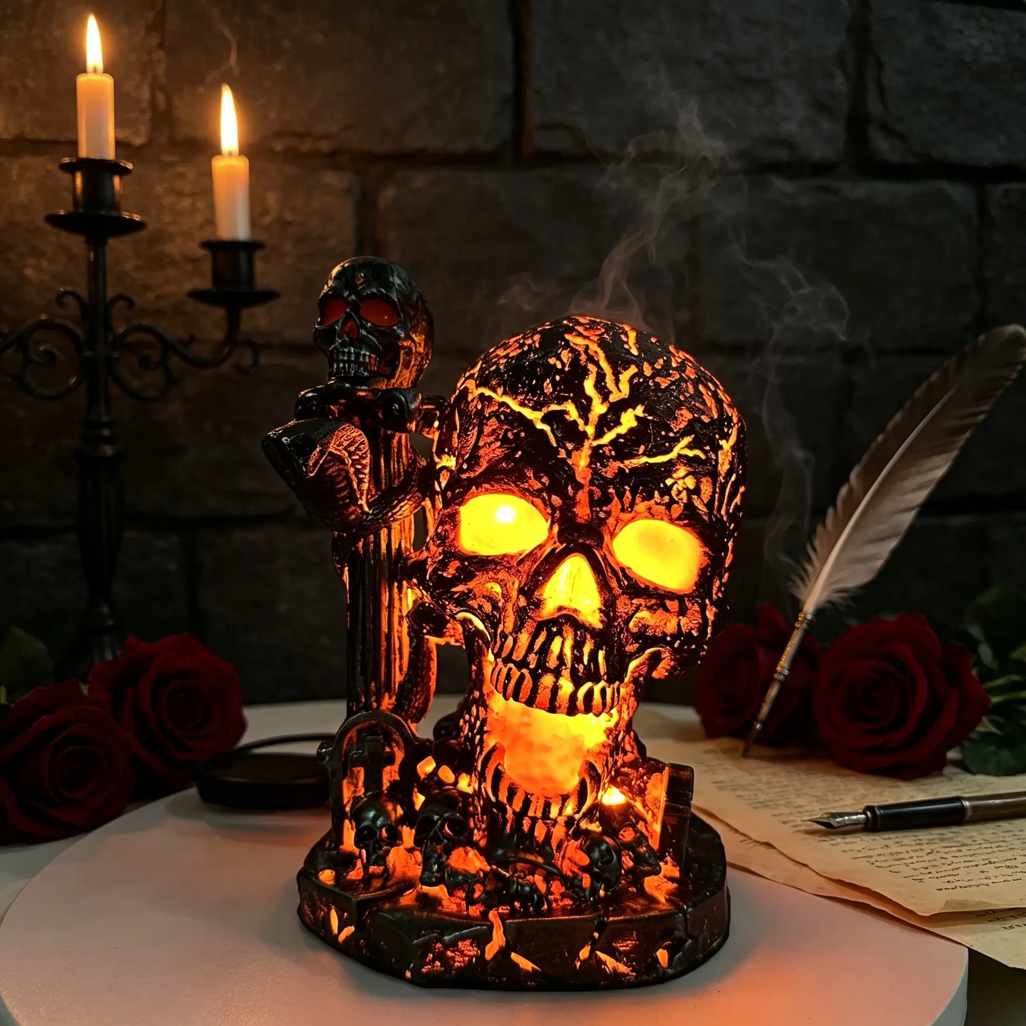 Skull Flame Table Lamp, Molten Rock Skull Light, Horror LED Desk Lamp, Halloween Gothic Decor, Unique Room Accent, Mystical Atmosphere, Home Decoration, Decorative Lighting
