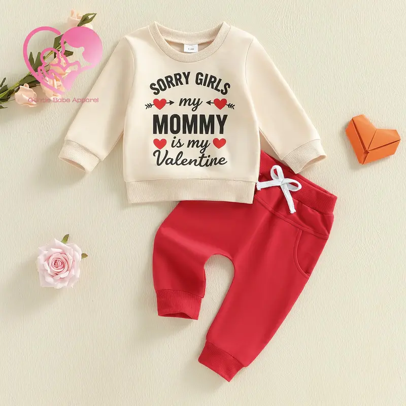 (70%Cotton) Toddler Boy Valentine's Day Outfit Heart Letter Long Sleeve Sweatshirt Solid Joggers 2 Piece Set Cute Valentine ClotheAs Baby Boy Spring Casual Wear My First Valentine Clothing